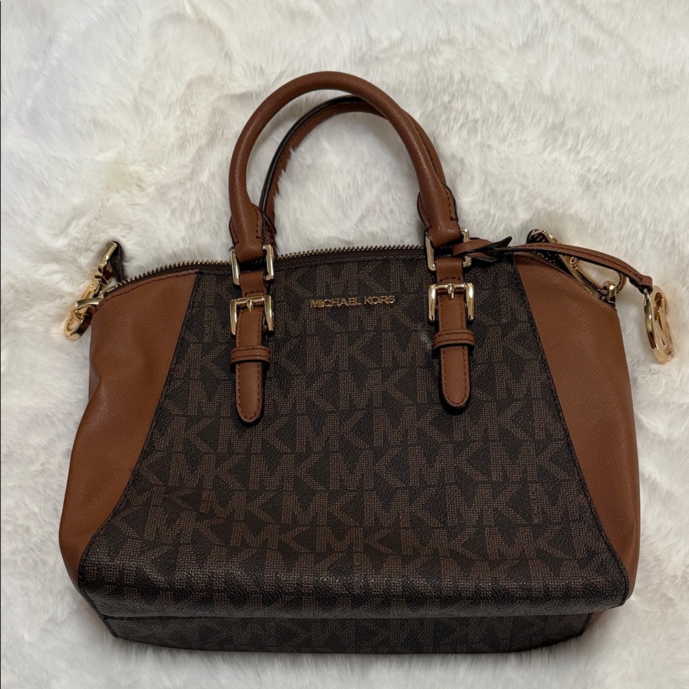 Michael Kors Dark Brown and Tan Satchel Crossbody Purse Handbag